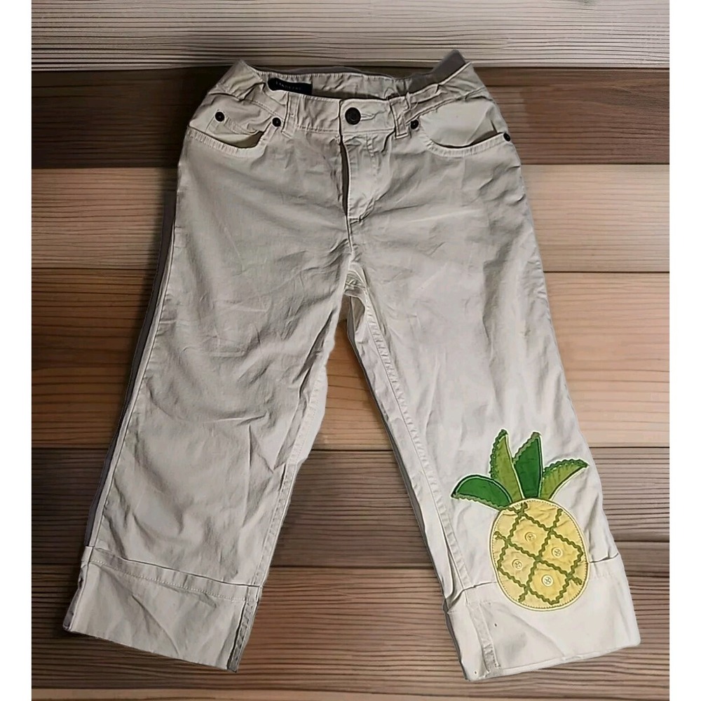 Lands End Girls Capri Pants White with Pineapple Applique SZ 8 Adjustable Waist